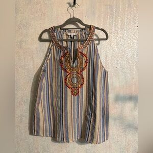 Love Multicolor Embroidered Striped, Sleeveless Boho, Cottagecore Blouse, Sz Lg